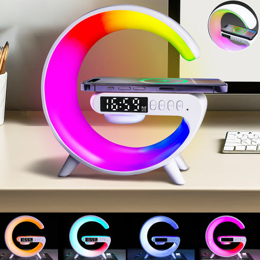 Smart lamp with wireless phone charging, RGB night light, alarm clock, and bedside table lamp.