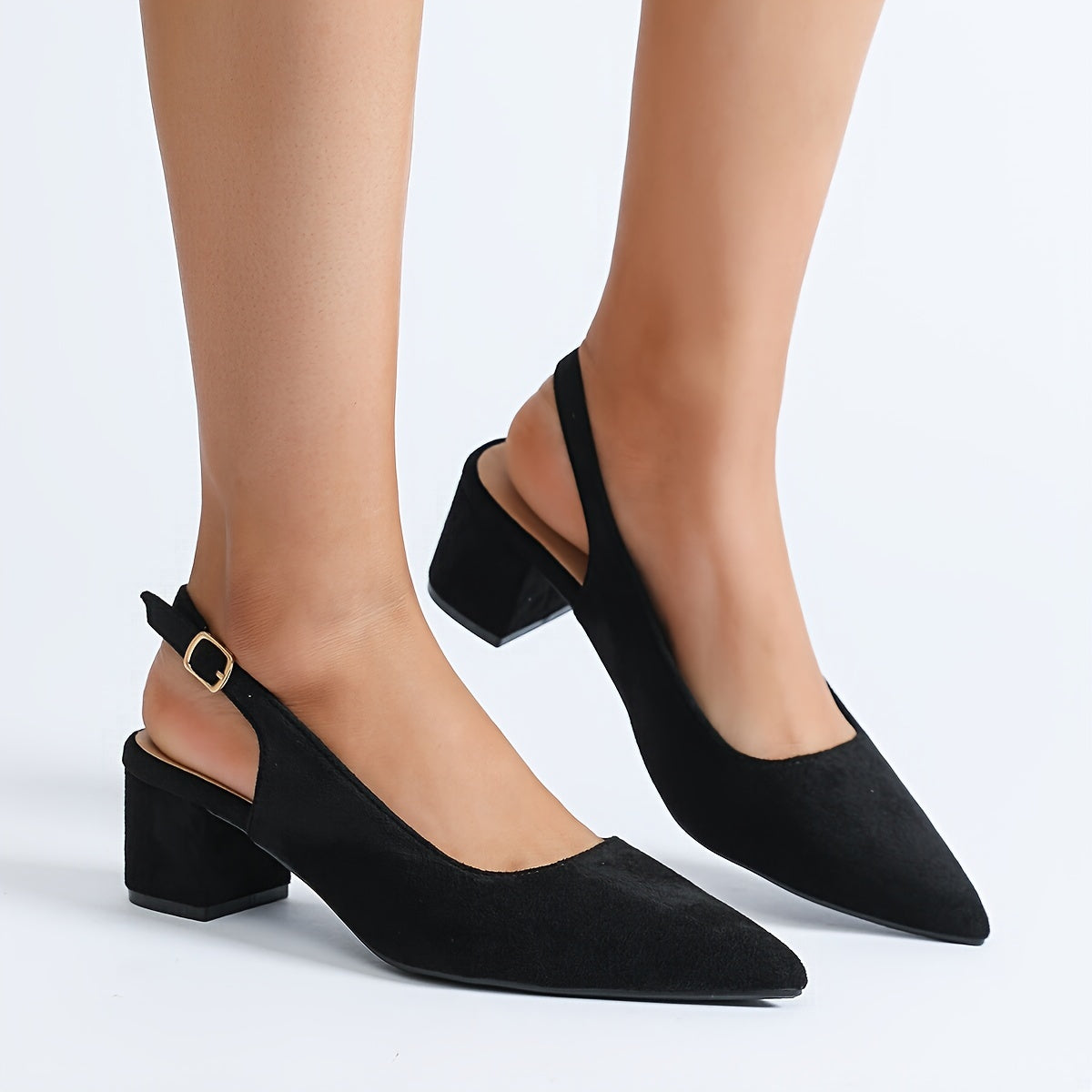 Black velvet chunky heel pumps for women with pointed toe, ankle strap, and mid-height design. Elegant and versatile shoes suitable for all seasons. Synthetic cover.