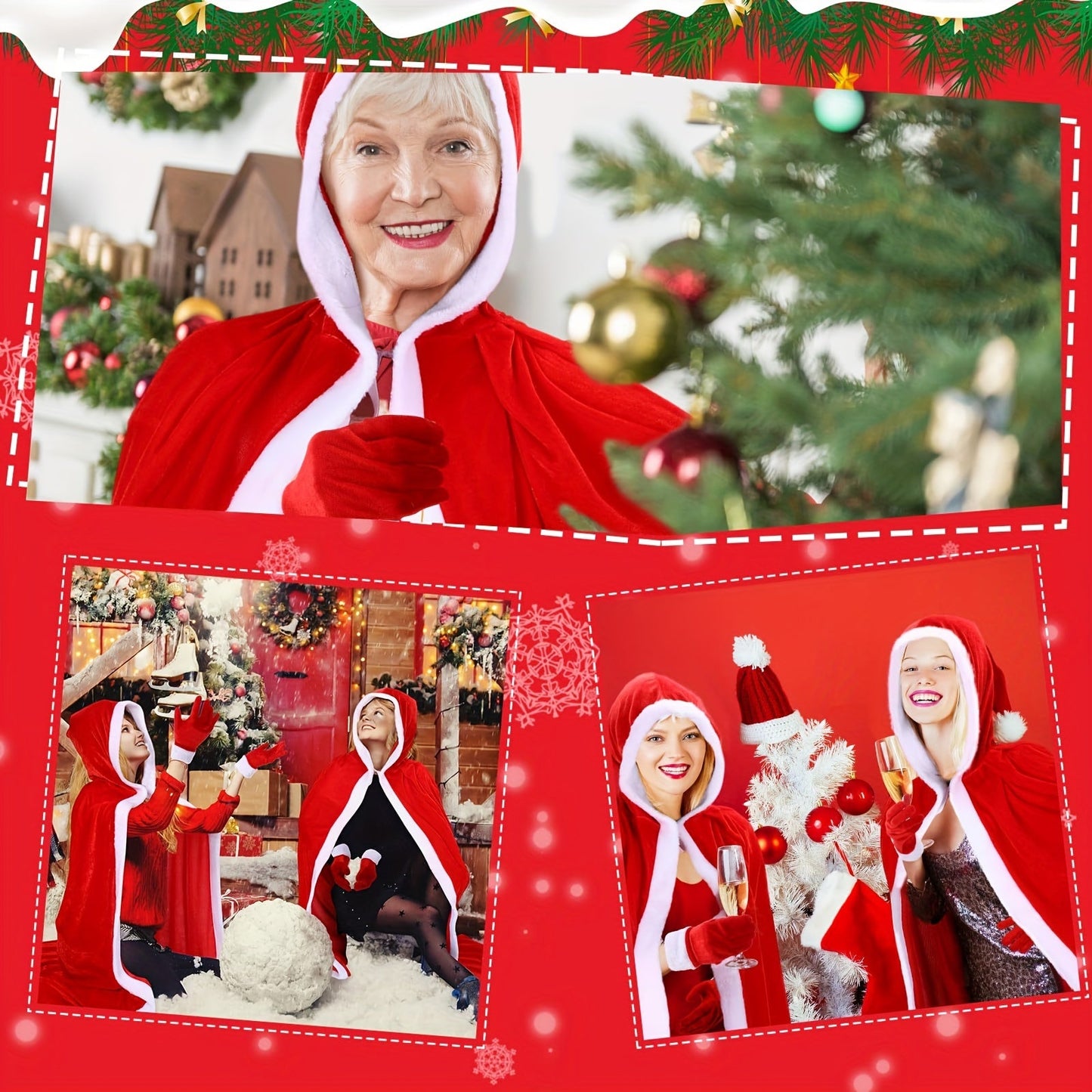 Get into the holiday spirit with our Christmas Santa Claus Costume Accessory Set! This set includes a comfortable velvet hooded cloak with white trim, a cute red velvet Santa hat, and cozy polyester & spandex gloves for ladies. Perfect for festive