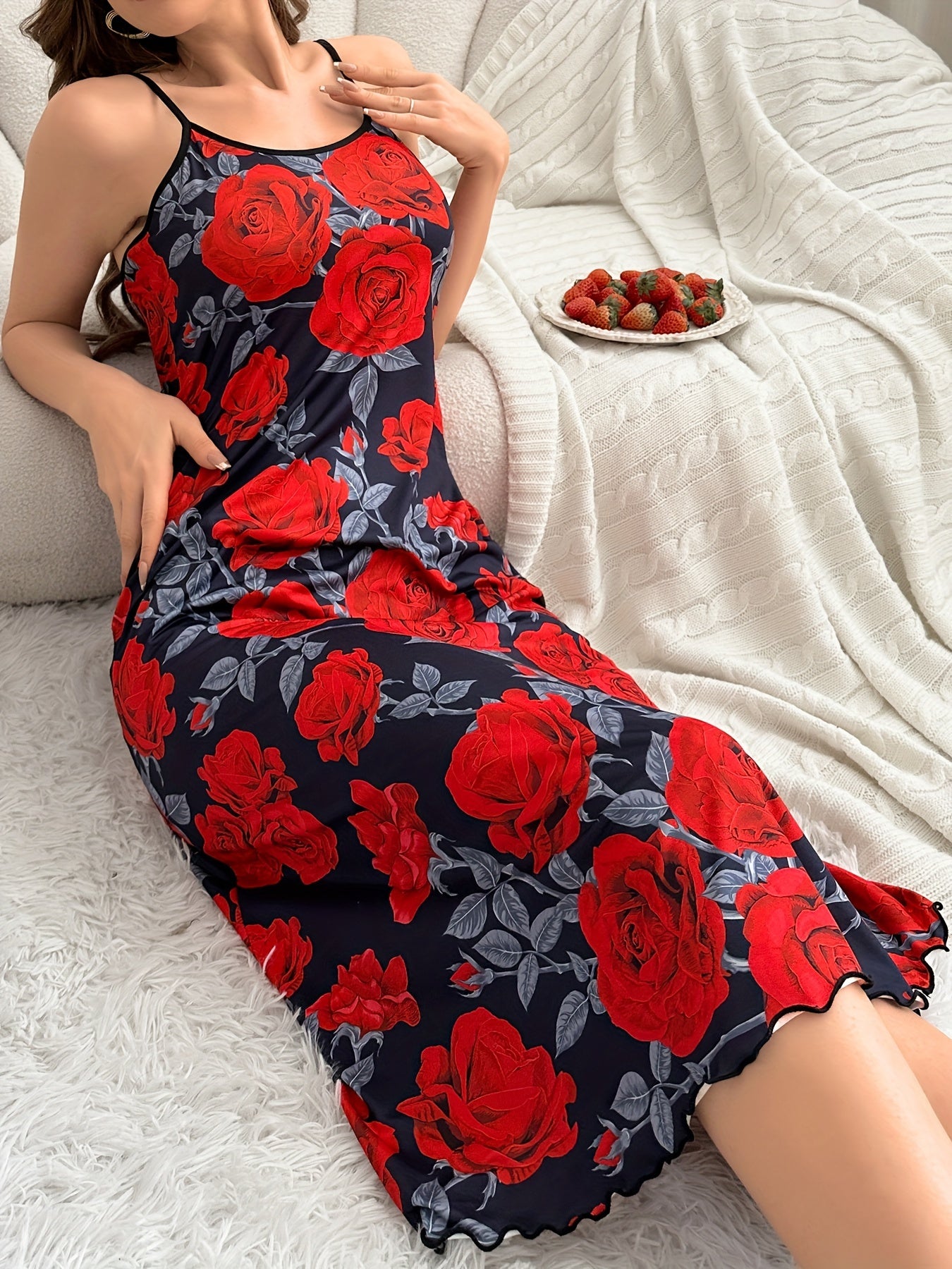 Valentine's Gifts: Rose Print Lettuce Trim Slip Nightdress with Round Neck and Backless Midi Design for Women's Sleepwear.