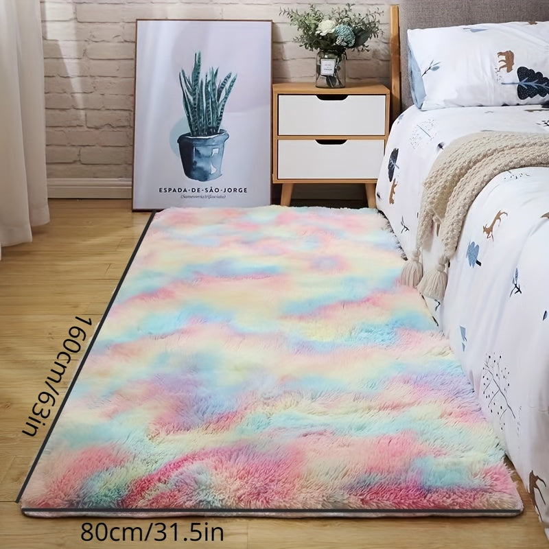 Luxurious Shag Mat for Bedroom and Living Room, Soft Rainbow Rug for Girls and Youngsters, Tie-Dye Throw Mat for Home Decor, Playful Design with Plush Polyester Material – Perfect for Bedroom Decor