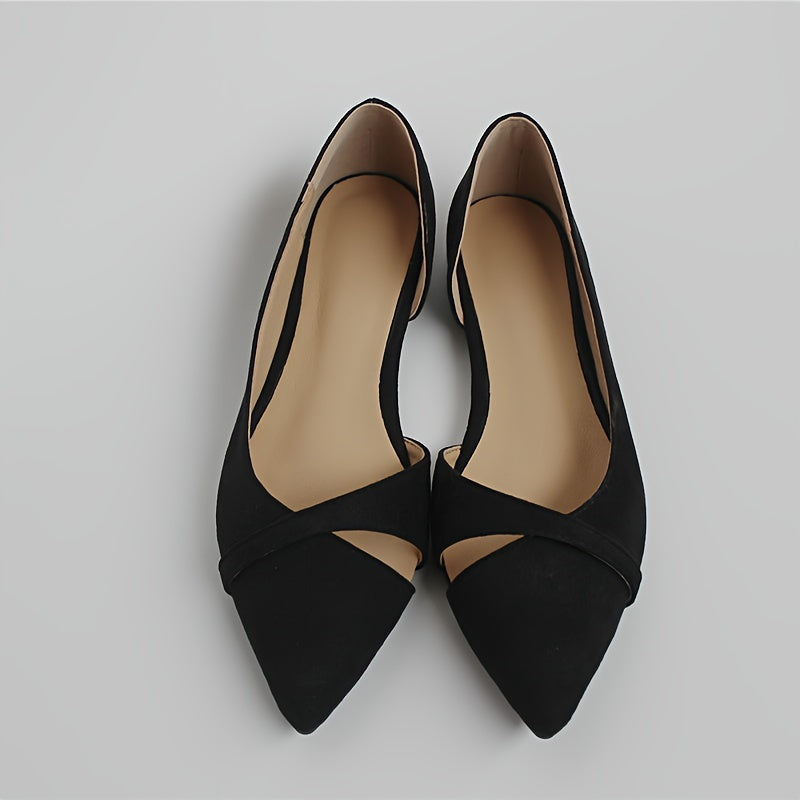 Elegant pointed toe slip-on flat shoes with side cut-out detail, suitable for all-day wear.