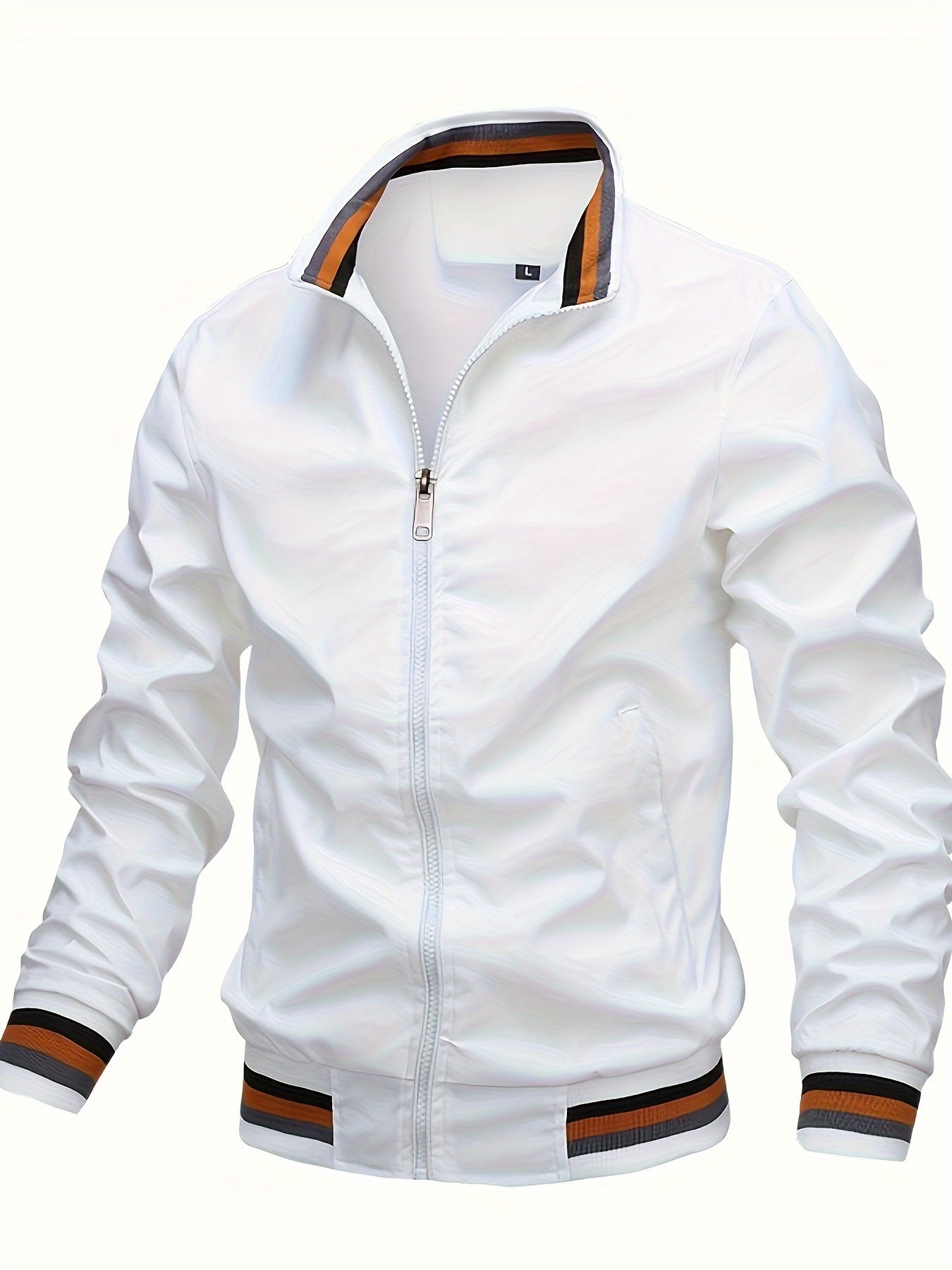 Men's lightweight bomber jacket with stand collar, zipper placket, and long sleeves. Made of 100% polyester for hiking and casual wear.