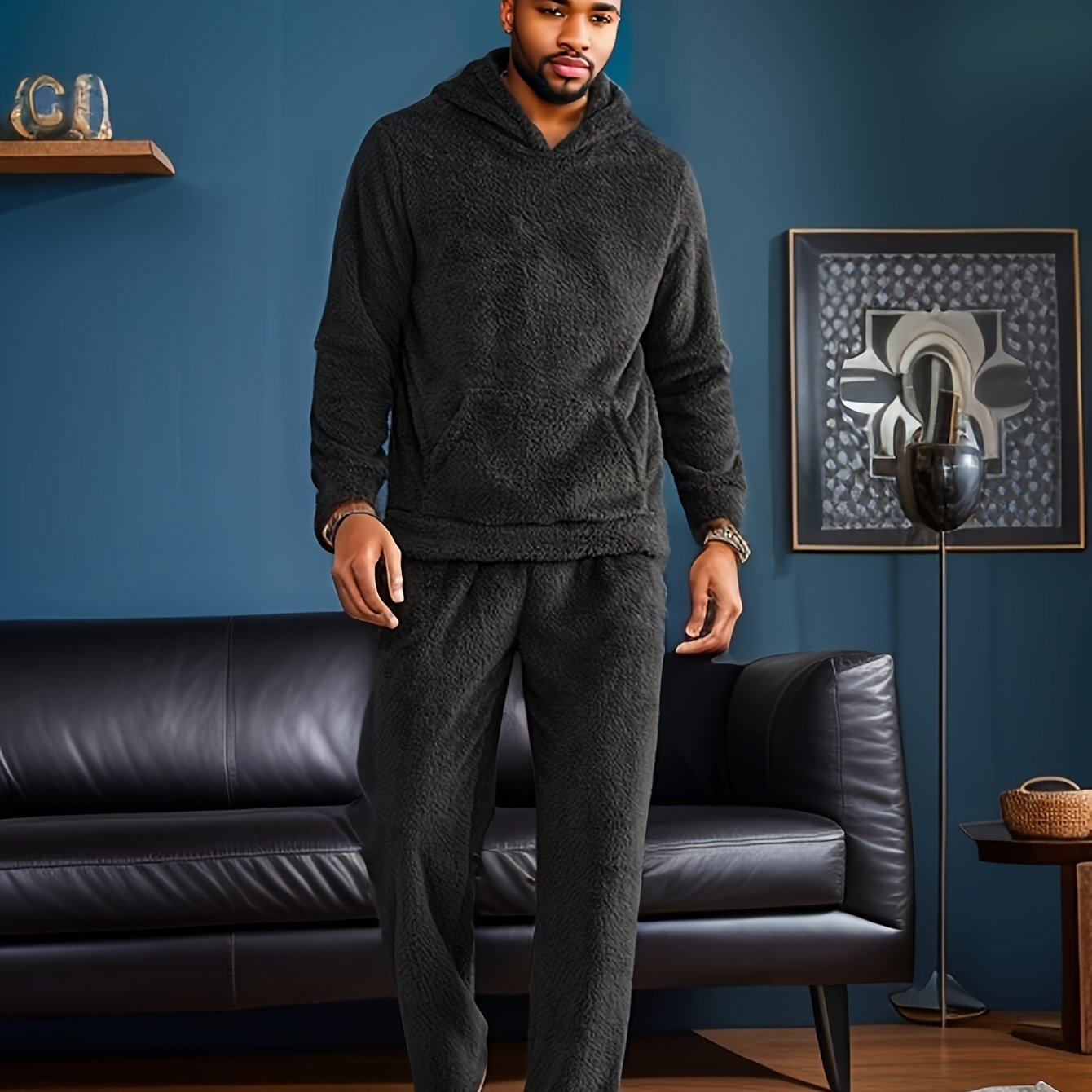 Cozy Men's Hooded Pajama Set made of plush fleece, with pockets and machine washable for winter sleepwear.