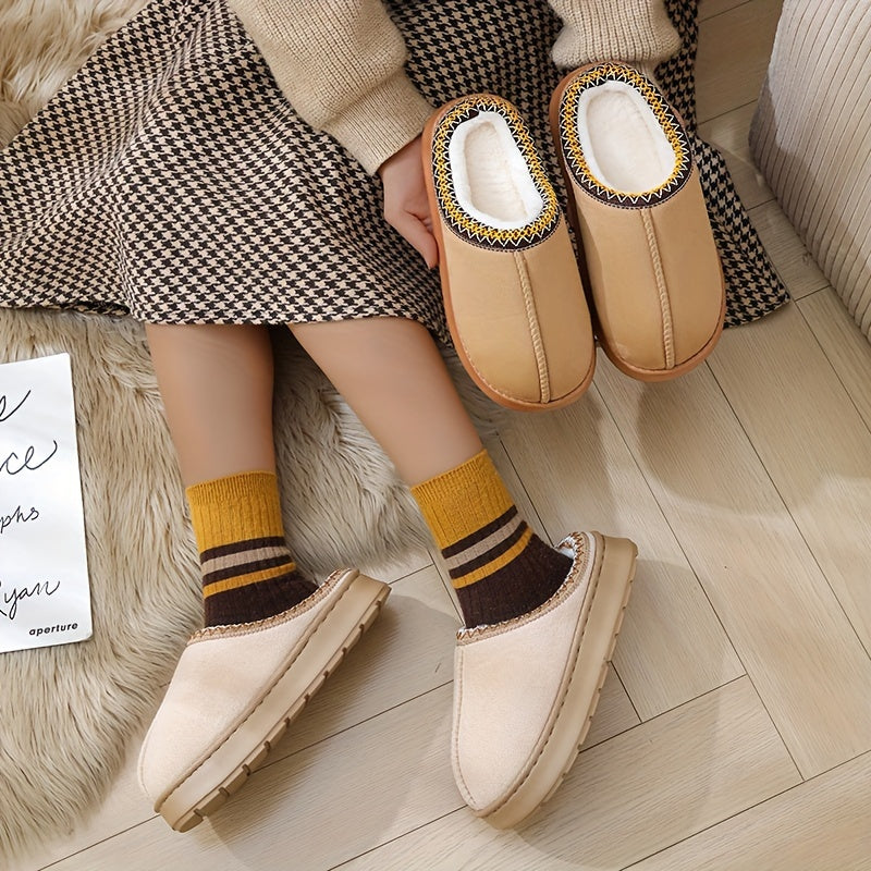 Warm and stylish beige flannel slippers for women with plush lining and striped cuff detail, suitable for indoor and outdoor wear.