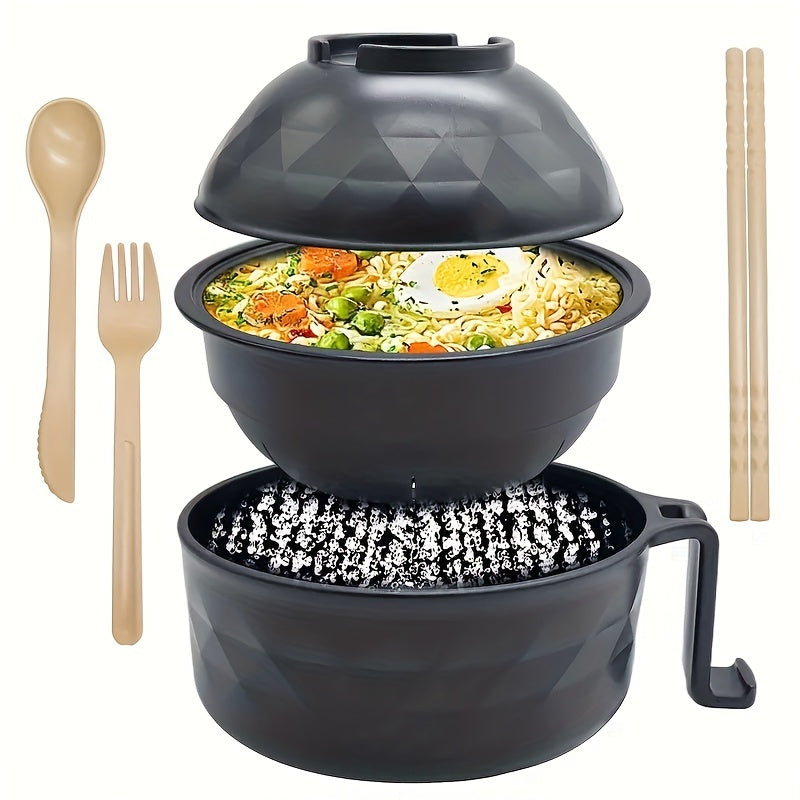 Microwave-safe Ramen Cooker Set with Handle, 820ml - Includes Spoon, Chopsticks, Fork - Great for Dorms & Apartments