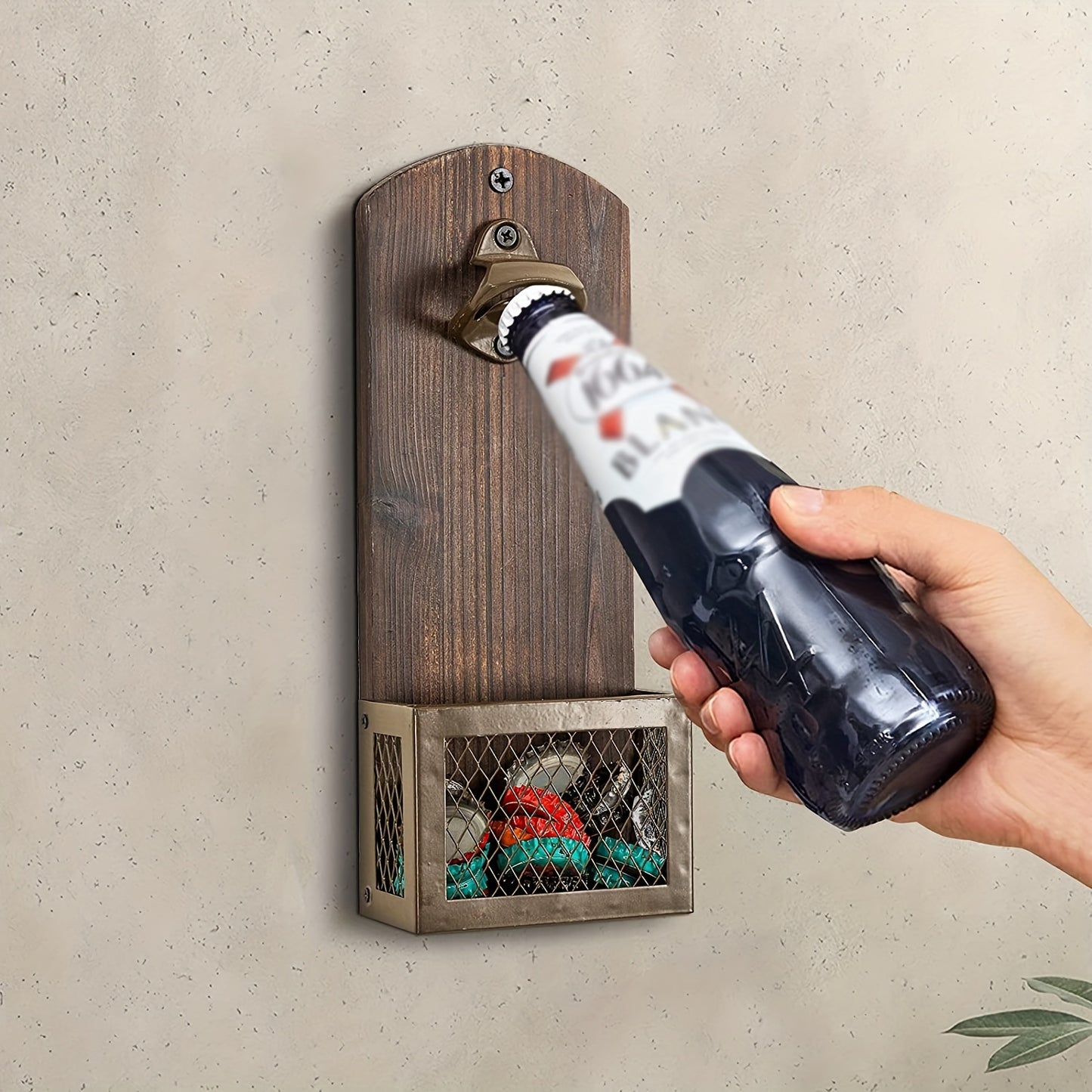 1pc Vintage Rustic Wall Mounted Bottle Opener with Cap Catcher, perfect for bars, pubs, restaurants, and kitchens.