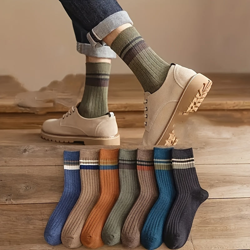 7 pairs of men's casual striped crew socks, anti-odor and sweat-absorbing for breathable comfort.