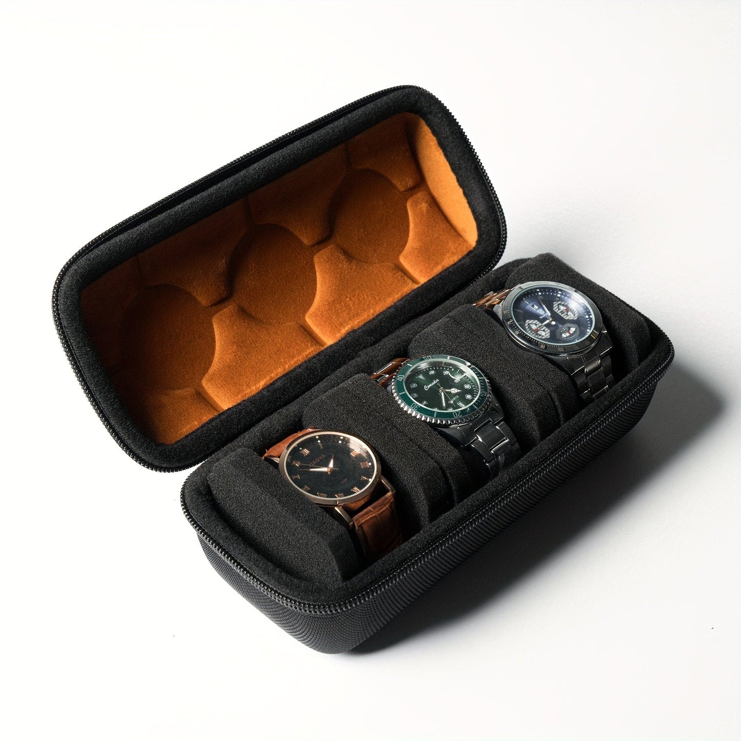 Perfect for gift-giving, this sleek black fabric watch travel case features 3 slots, a watch roll case storage, and organizer for men and women. Complete with anti-move watch pillow, it ensures your timepieces are safe and secure while on the go. An