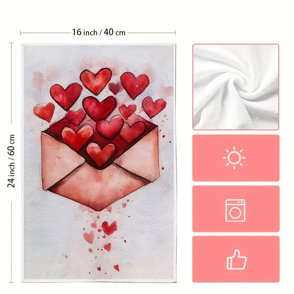 Two romantic Valentine's Day kitchen towels are available for purchase. These ultra soft and highly absorbent polyester dish hand towels measure 40.64x60.96 cm and feature a heart envelope design. They are machine washable and are ideal for holiday decor