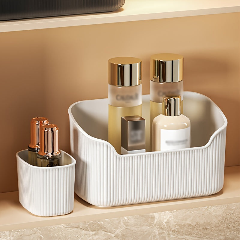 2-piece transparent plastic bathroom organizer set for skincare, makeup, and perfume storage on countertops.