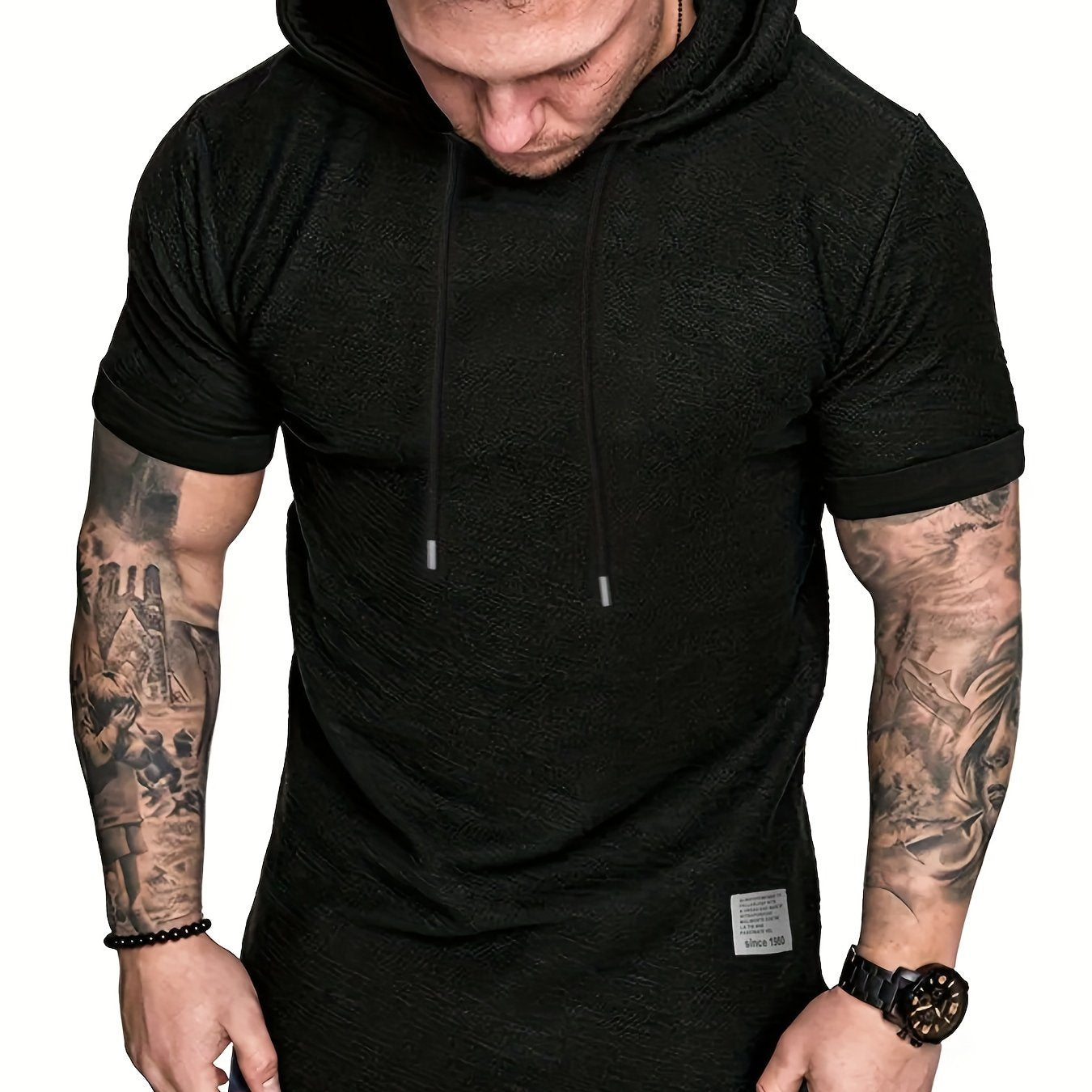 Men's plus size hooded t-shirt with short sleeves and drawstring, perfect for summer comfort.