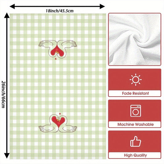 Two pieces of Valentine's Day kitchen towels made of soft, quick-dry polyester material measuring 45.72x66.04cm. Featuring a lovely heart and swans design in vibrant colors, these towels are perfect for use in the home, parties, and outdoor settings.