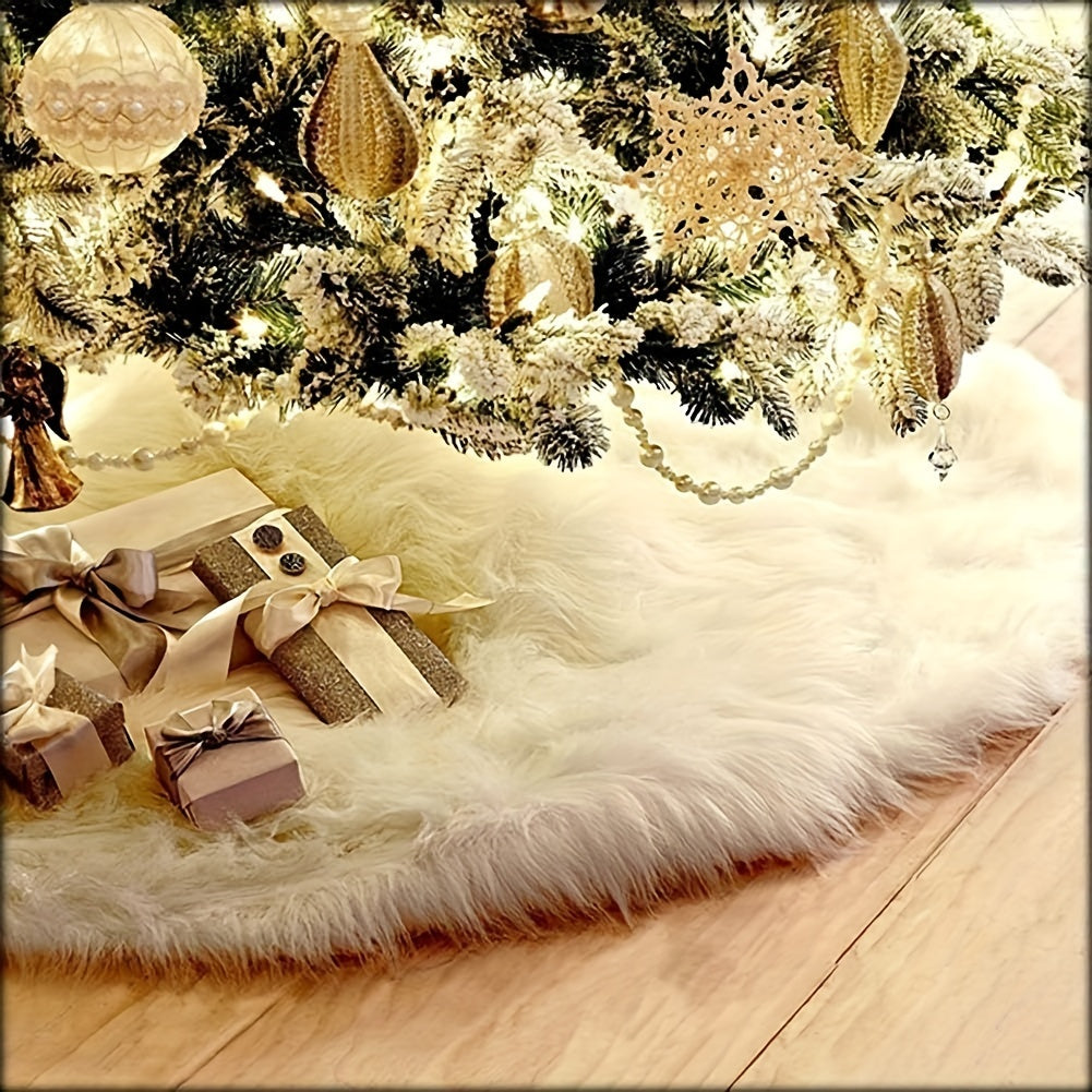 White velvet Christmas tree skirt with golden snowflake embroidery, ideal for Halloween, Christmas, and Valentine's Day. Festive holiday decoration with textured detailing.