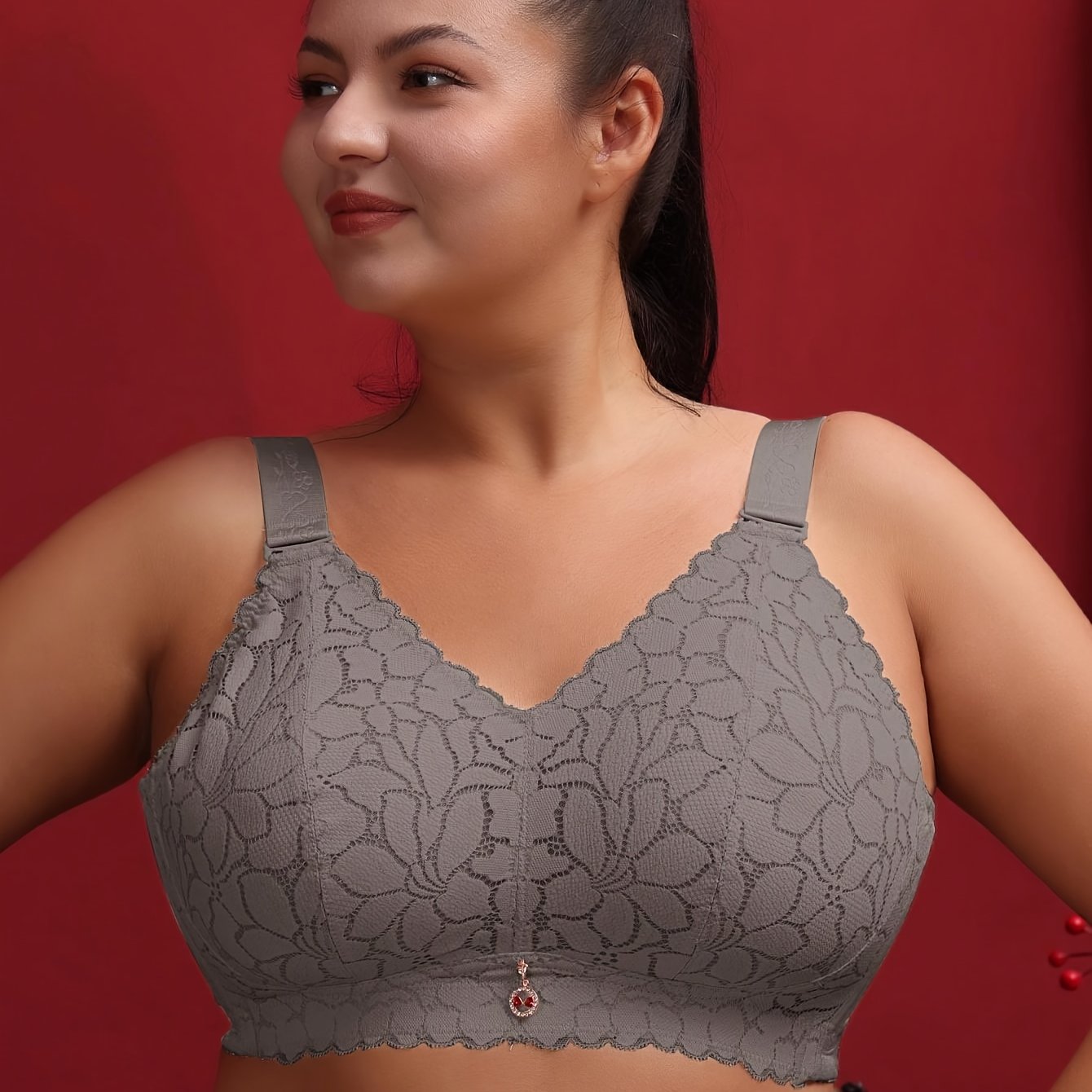 Stylish French-inspired plus size lace bralette with floral print - thin, wireless, breathable, and slimming.