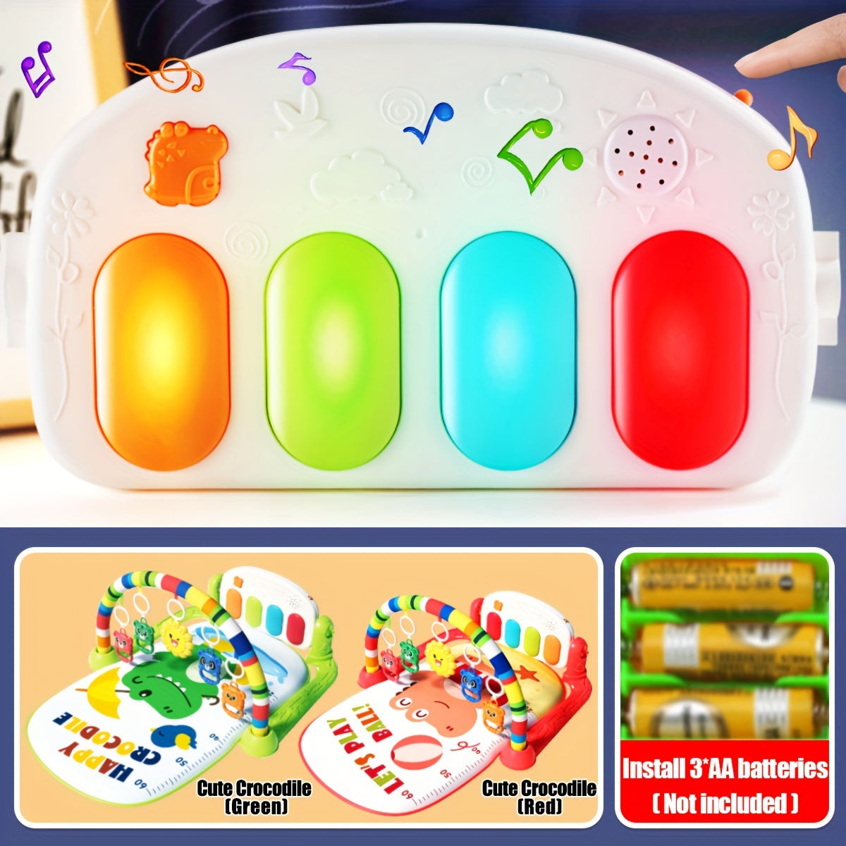 Interactive infant play gym with music and piano, educational play center for ages 0-3 years, assembly required, includes random color accessories. Perfect gift idea.