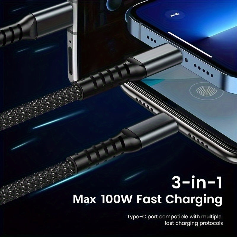 One 3-in-1 100W USB Type C fast charging cable for multiple devices.