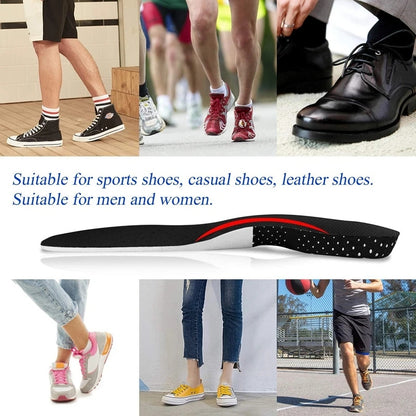 Unisex orthopedic insoles with memory foam gel inserts, arch support pads, and shock absorption for sports shoes.