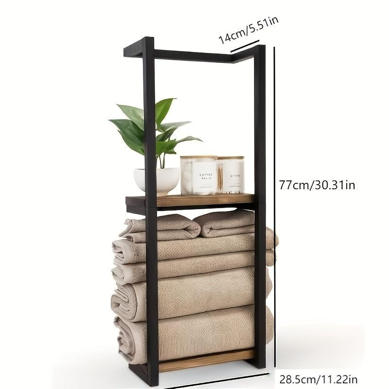 Modern metal and wood bathroom towel rack with shelves, ideal for storing towels and essentials in modern bathrooms. Can also be used for outdoor storage. Non-waterproof design, perfect for