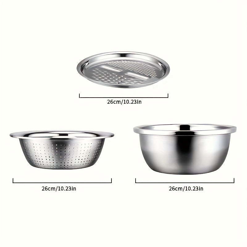 3-piece stainless steel kitchen set featuring an integrated grater, multifunctional strainer, and mixing bowl. Ideal for washing and slicing fruits, vegetables, and cheese. These food-safe prep bowls also come equipped with a drainage system for added