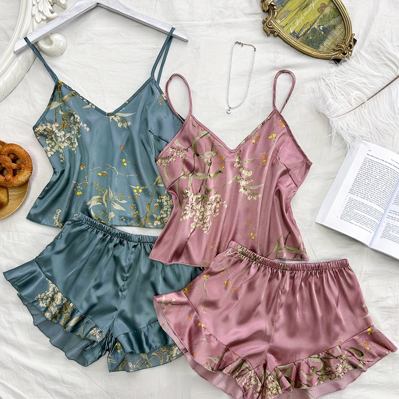 Floral Print Satin Pajama Set with V Neck Crop Cami Top & Ruffle Hem Shorts