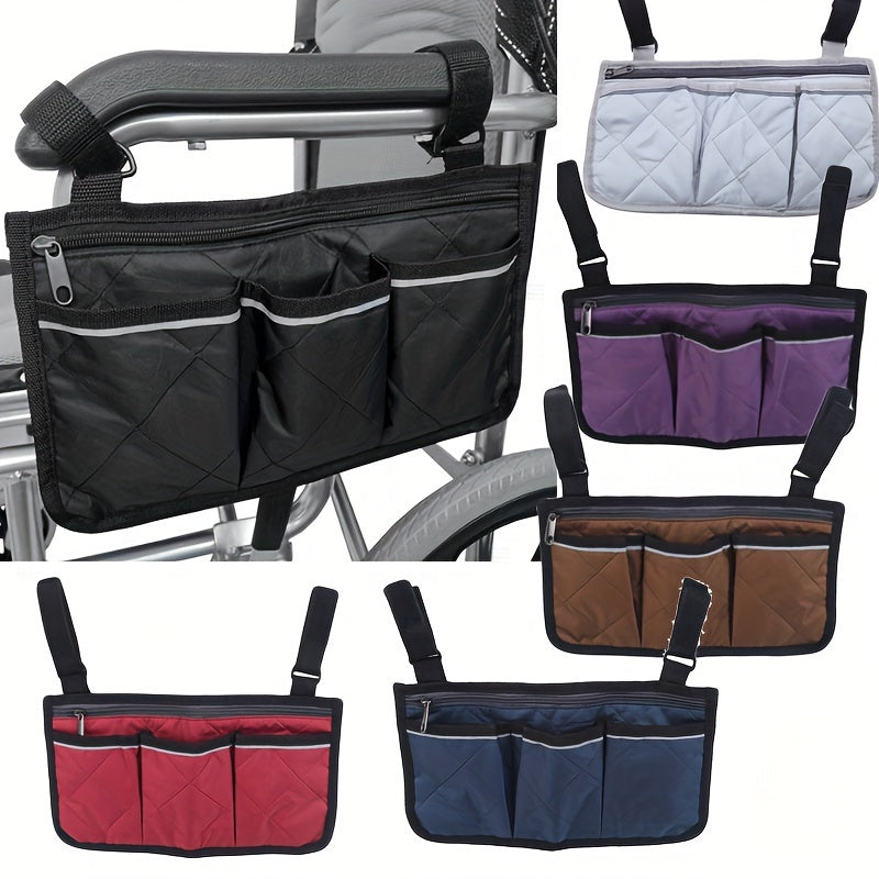 Portable hanging bag for stroller with reflective strip and multiple pockets, featuring armrest attachment and foldable design.