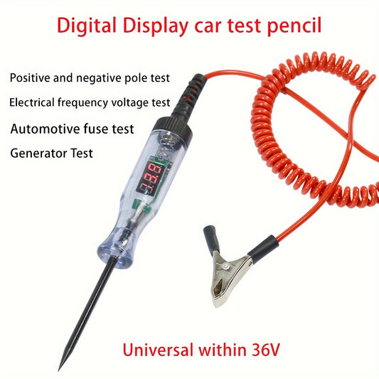 Automotive diagnostic test pen with digital display and long probe for cars and trucks. Durable ABS, high precision 0.1V, 36V max, battery-free. Essential tool for auto repair and battery