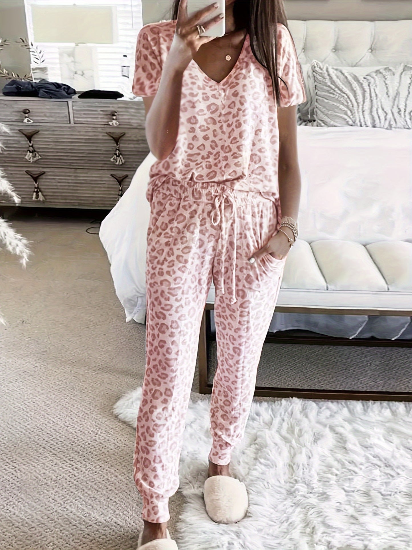 Leopard print pajama set for women: v-neck top, drawstring joggers.