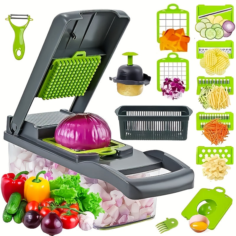 Get your hands on the 16-piece Upgraded Vegetable Chopper Set, featuring a Multi-Functional Fruit Slicer and Handle Food Grater. This set includes a Vegetable Slicer with a convenient container for easy storage, Interchangeable Blades for onion mincing