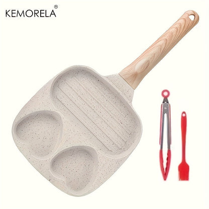 The KEMORELA 3-in-1 Non-Stick Medical Stone Skillet Set is ideal for cooking eggs, burgers, bacon, and omelets. It comes with BBQ tongs and a basting brush for convenient grilling. This set features a dishwasher-safe, multi-layer design and an aluminum