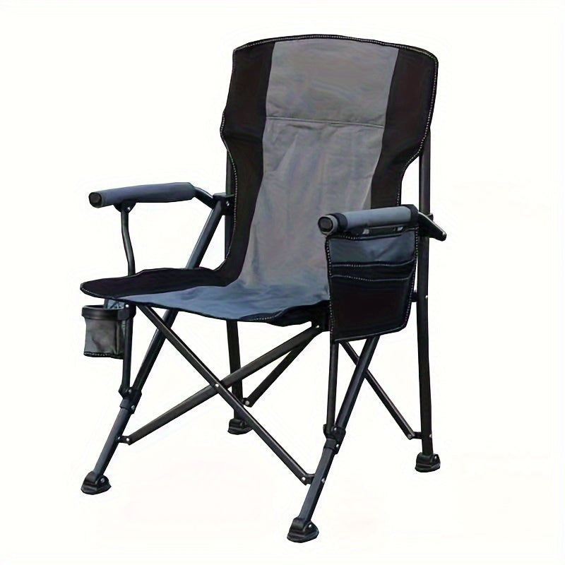 Large, portable outdoor chair made of 600D Oxford cloth with storage bag and cup holder. Ideal for camping, picnics, fishing, and outdoor events.