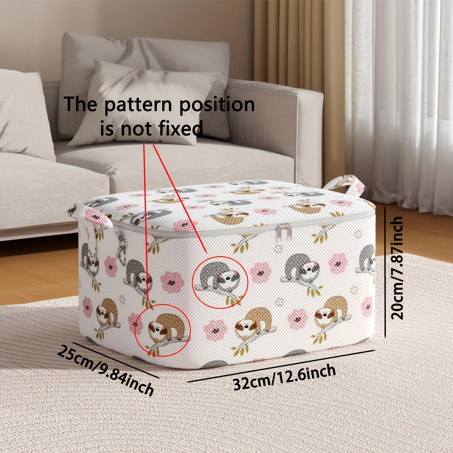 Large capacity storage bag for travel with casual style and handle. White, non-woven fabric material that is foldable and ideal for blankets, clothes, coats, and toys. Hand wash or dry