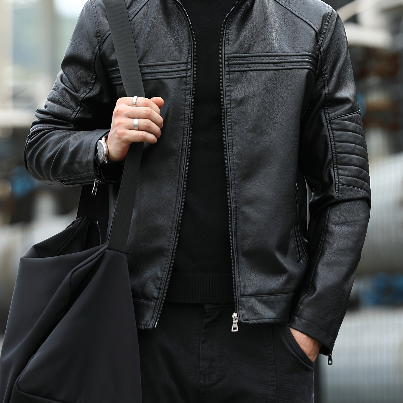 Men's Black PU Leather Jacket with Zip-Up, Multiple Pockets, Glossy Finish; Great for Casual Wear & Outdoor Activities.