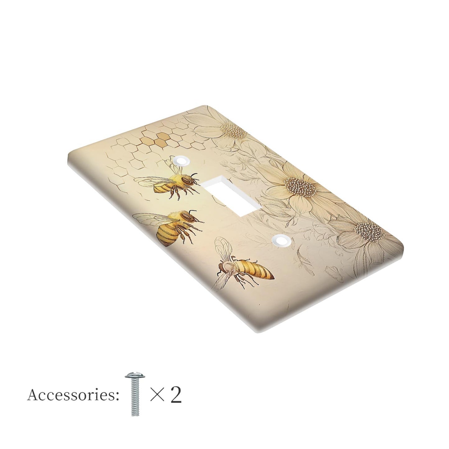 One sunflower and bee decorative wall plate for single toggle light switch and outlet cover, nature-inspired design for home, office, and hotel decor. Available in 1 or 2 gang configurations for power outlets and kitchen use.