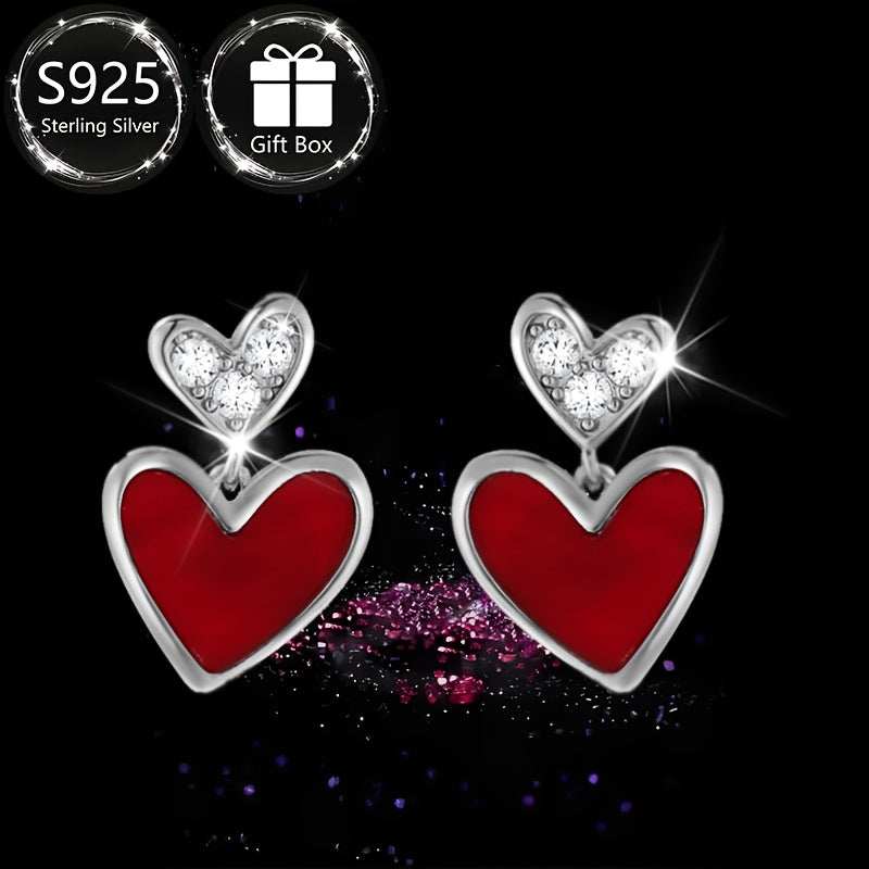 1 pair of Stunning Asymmetrical Heart Earrings, crafted with S925 Sterling Silver and Sparkling Synthetic Zirconia, Ideal for Every day wear and gifting, Ideal for Valentine's Day, Timeless Jewelry for Women