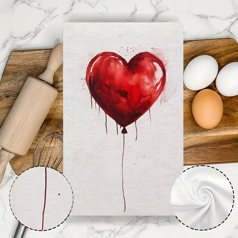 Two pieces of ultra soft kitchen towels featuring a Valentine's Day heart balloon design. These towels are highly absorbent and machine washable, making them perfect for dish and hand drying. With a contemporary style and measuring 40.64x60.96 cm, these