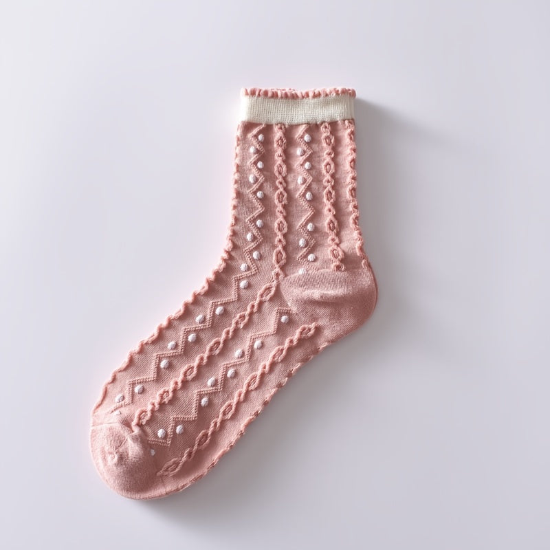 6 pairs of lightweight and comfy flower bubble cable crew socks for women.