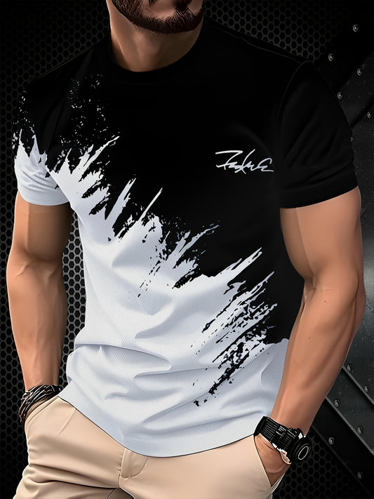 Men's black and white color-blocked graphic T-shirt, 3D print, casual summer wear for outdoors (Middle East)