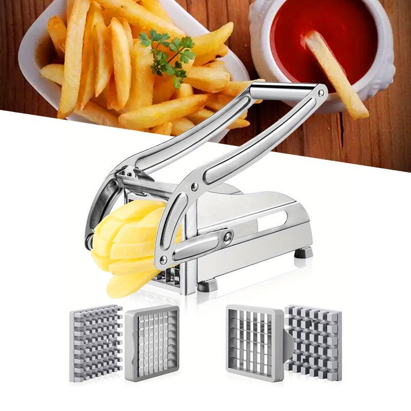 No electricity needed for this multifunctional stainless steel French fry cutter and manual potato dicer with 2 blades. This cast iron kitchen utensil is perfect for cutting vegetables and fruits.