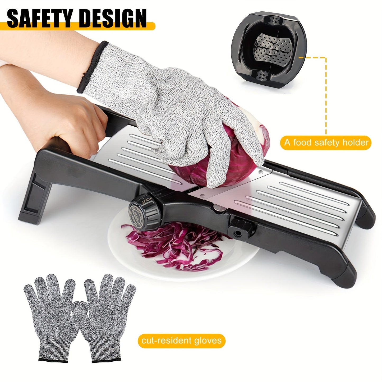 Manual Vegetable Cutter with Safe Hand Holder and Gloves for Kitchen - Onion Potato Chip French Fry Slicer, 7-in-1 Adjustable Stainless Steel Mandoline Food Slicer