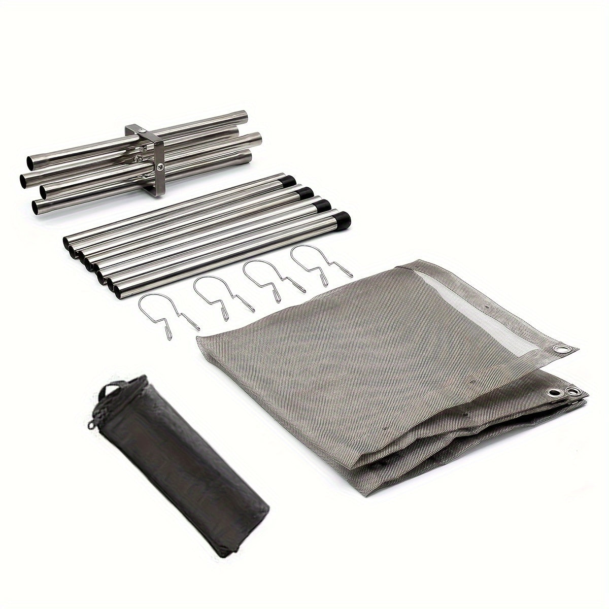 Portable Campfire Pit Grill made of stainless steel with a collapsible fire stand for camping, picnic BBQ. Includes a log carrier holder and carrying case.