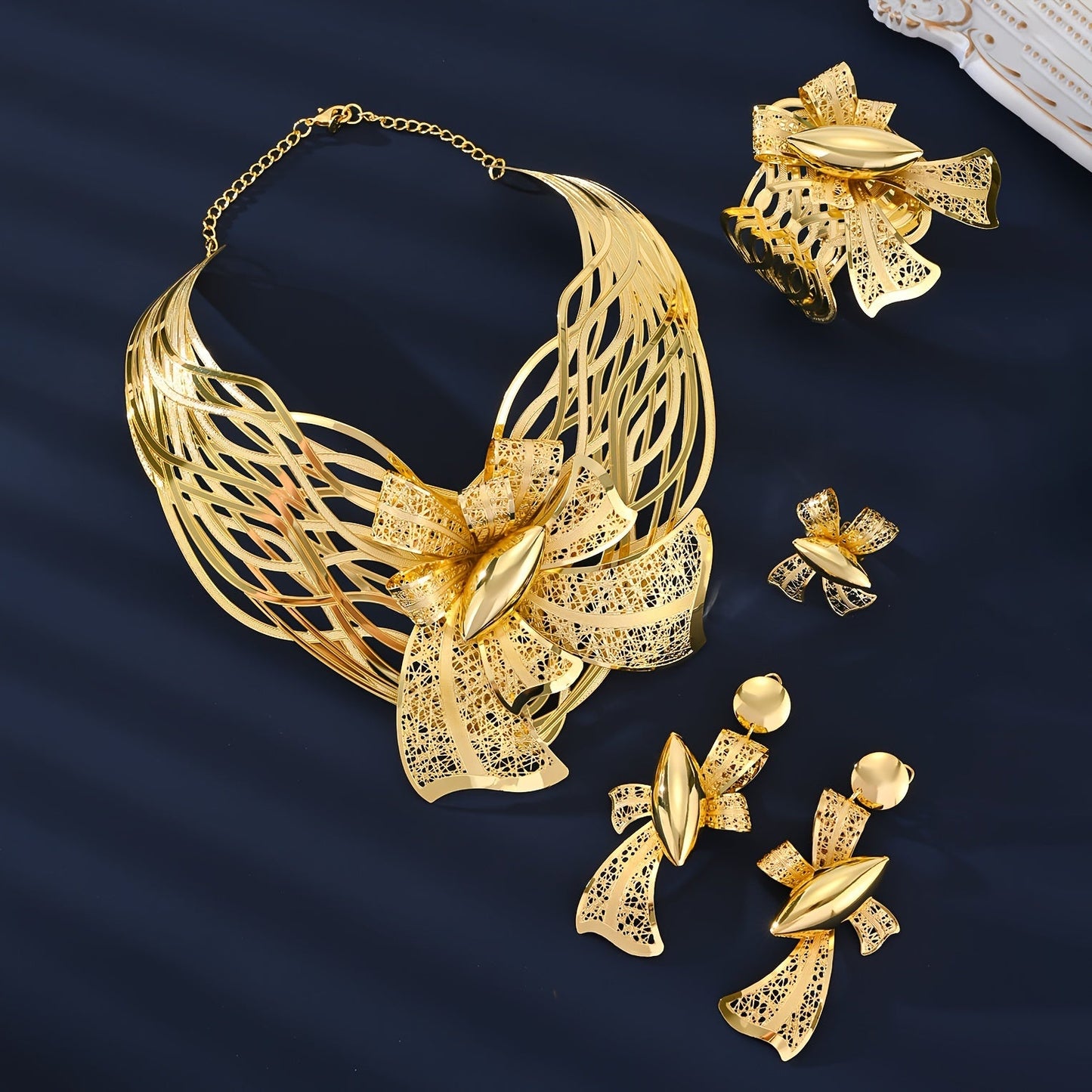 Set of 4 High-Quality Brass Jewelry Pieces: Exaggerated Big Flower Necklace, Earrings, Bracelet, and Ring, 18k Gold Plated, Perfect for Women's Ball Party, Banquet, or Wedding