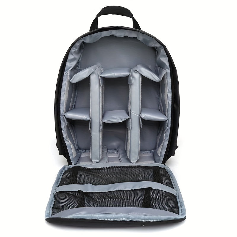 Waterproof camera backpack with customizable dividers and padded shoulder straps for Canon, Nikon, Sony cameras. Made from polyamide material.