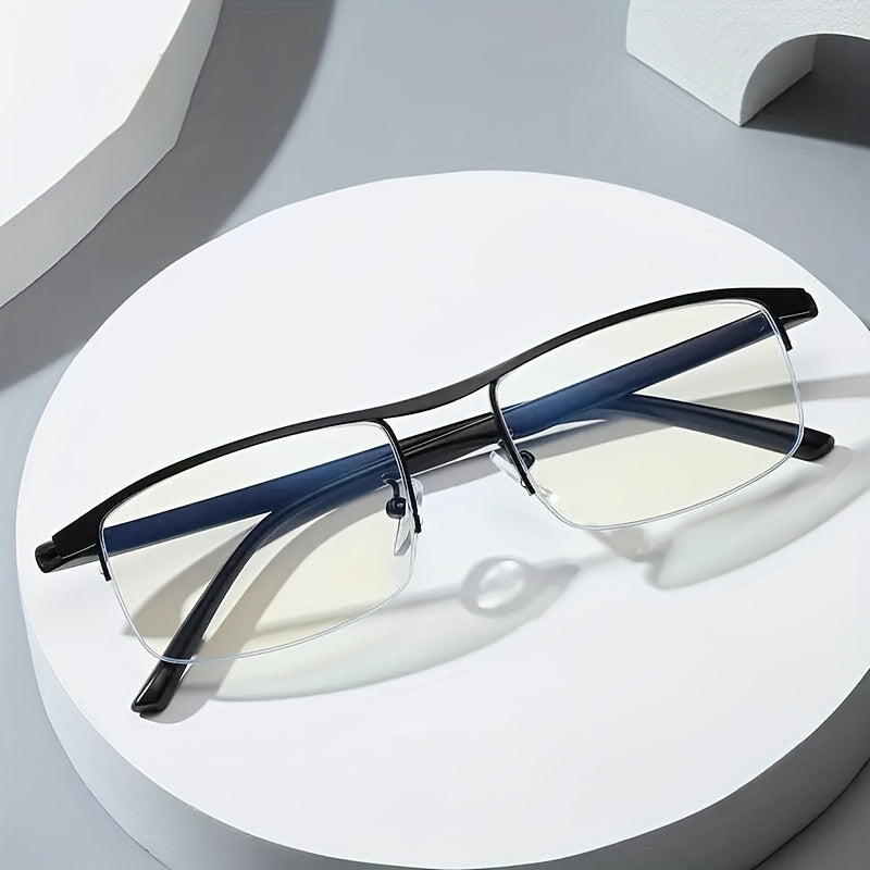 1 pair of progressive multi-focus reading glasses with semi-frame rectangular design for both men and women. Available in 3 colors with a mirror case.