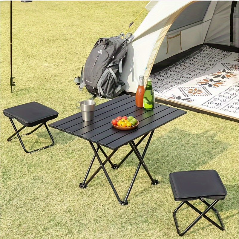 Compact portable folding stool for outdoor activities, easy to set up and adult-sized.