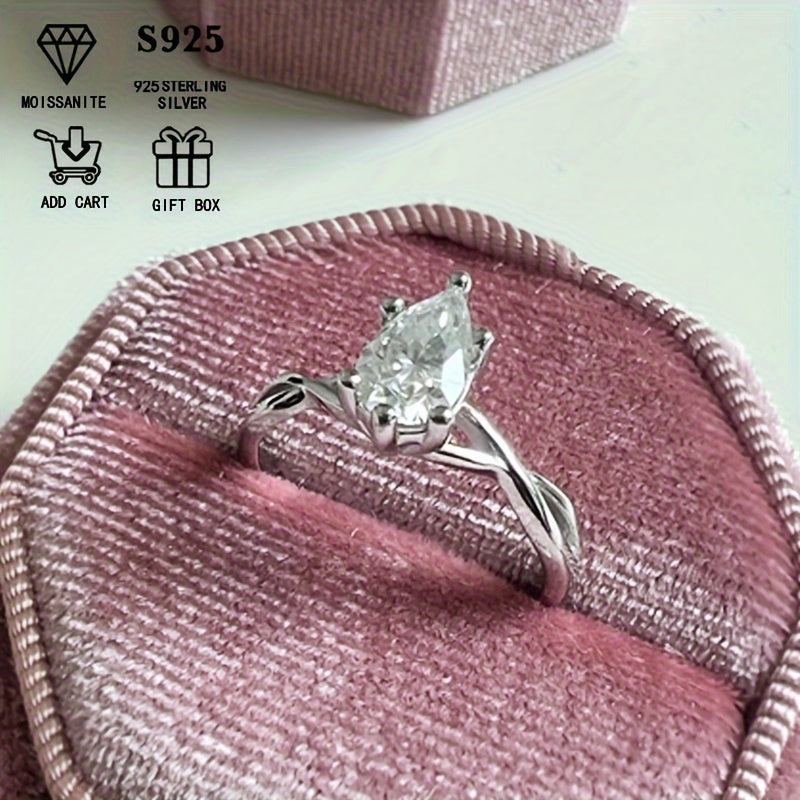 This stunning 1/2ct Pear-Shaped Moissanite Ring is perfect for women who appreciate elegance. Crafted from hypoallergenic S925 Sterling Silver with a twisted six-prong setting, it makes a wonderful anniversary gift or party accessory. Presented in an