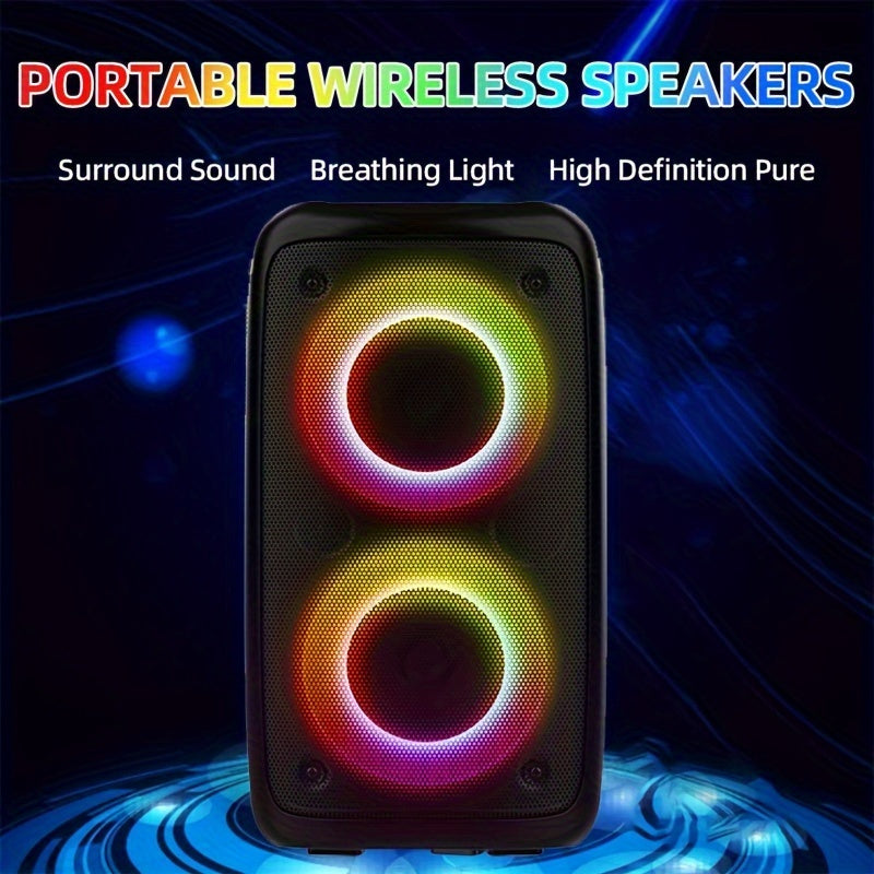 The HY-3317 Wireless Speaker includes a subwoofer, microphone, colorful lights, cinema-quality surround sound, high-capacity battery, bass enhancement, USB port, high-resolution audio