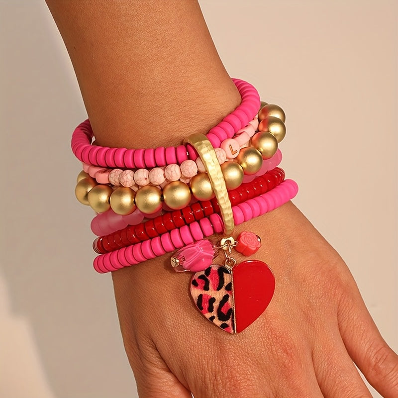 An elegant Bohemian pink Valentine's Day bracelet adorned with layers of beads, ideal for women's fashion wear on any occasion, be it everyday or festive.