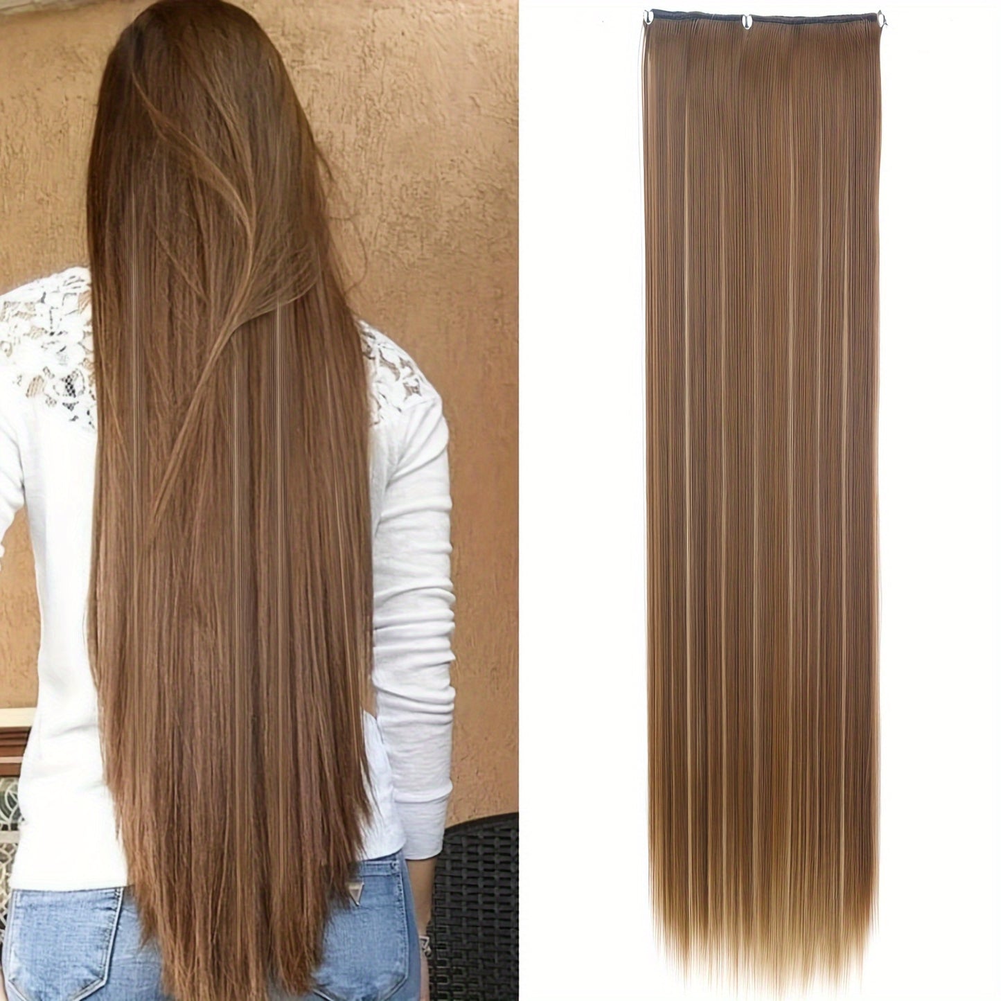 Elegant natural looking synthetic clip-in hair extensions for daily use, 32 inch long straight pieces with 5 clips.