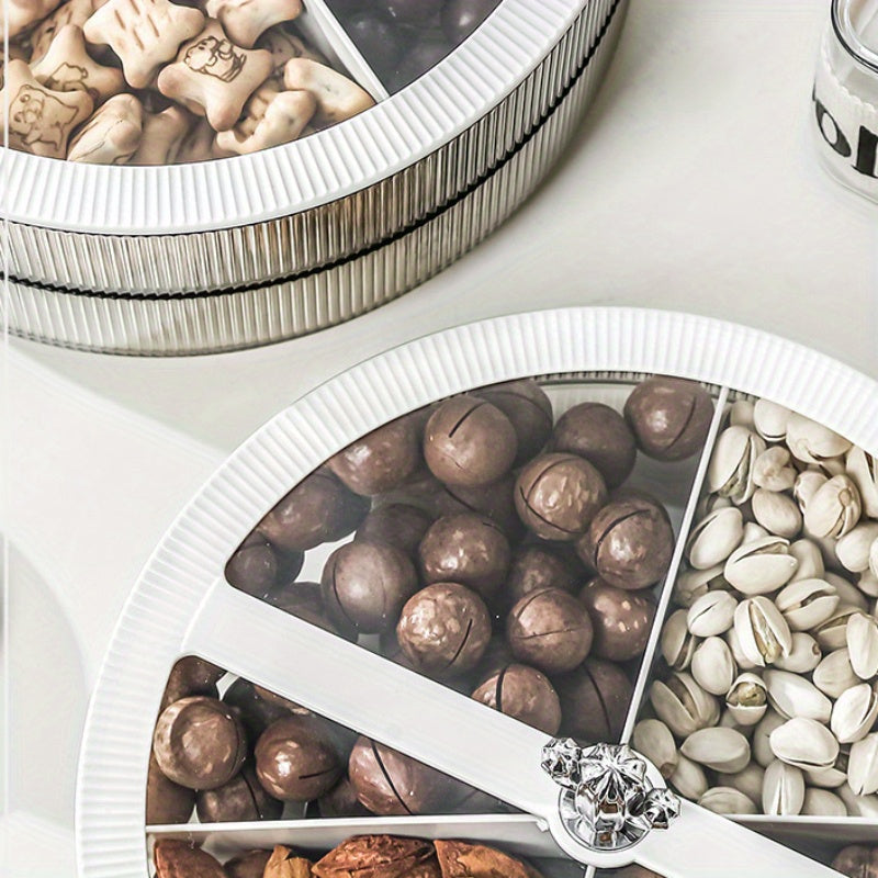 Airtight snack tray with lid for storing nuts and dried fruits in a round plastic container.